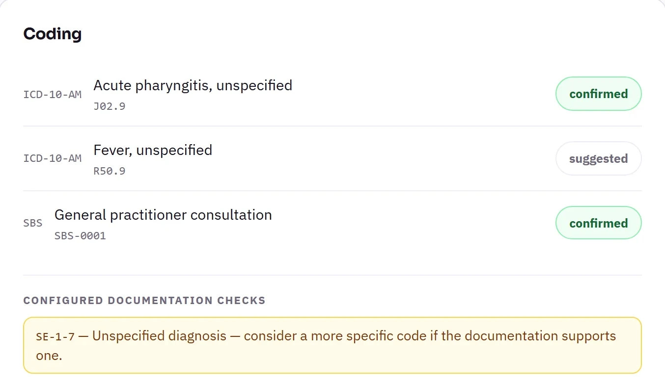 Screenshot of the Hecure coding screen for a fictional case: three codes marked confirmed or suggested, and a yellow SE-1-7 documentation check saying the diagnosis is unspecified and a more specific code should be considered if the documentation supports one.