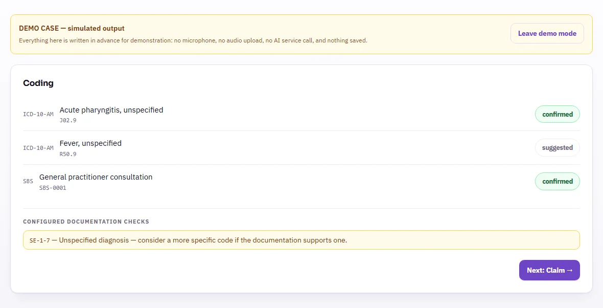 Screenshot of the coding screen for the fictional demo case: diagnosis and service codes marked confirmed or suggested, and a yellow SE-1-7 documentation check.