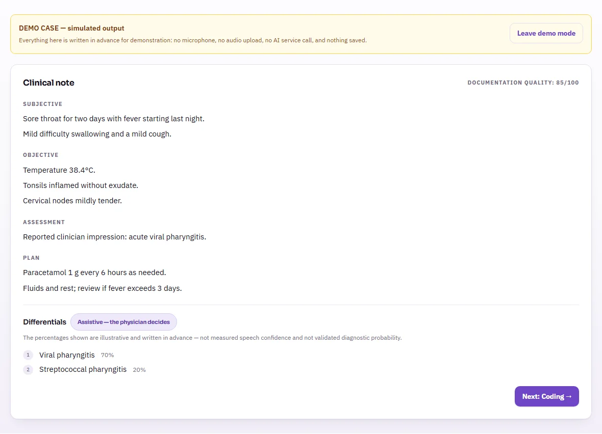 Screenshot of the clinical note screen for the fictional demo case, with Subjective, Objective, Assessment and Plan sections.