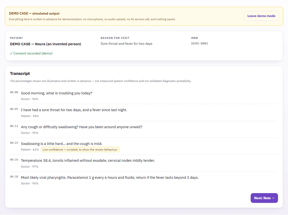 Screenshot of the transcript screen for the fictional demo case: six lines labelled Doctor or Patient with timestamps; one line is flagged as low confidence.